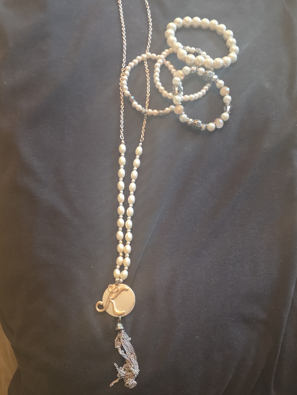 Pearl Bead Long Necklace with Tassel Pendant - White With Bracelet Set